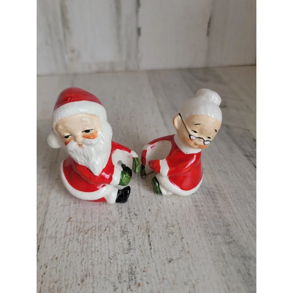 Japan vintage lefton Mr Mrs Santa Claus candle hugger holder set Xmas